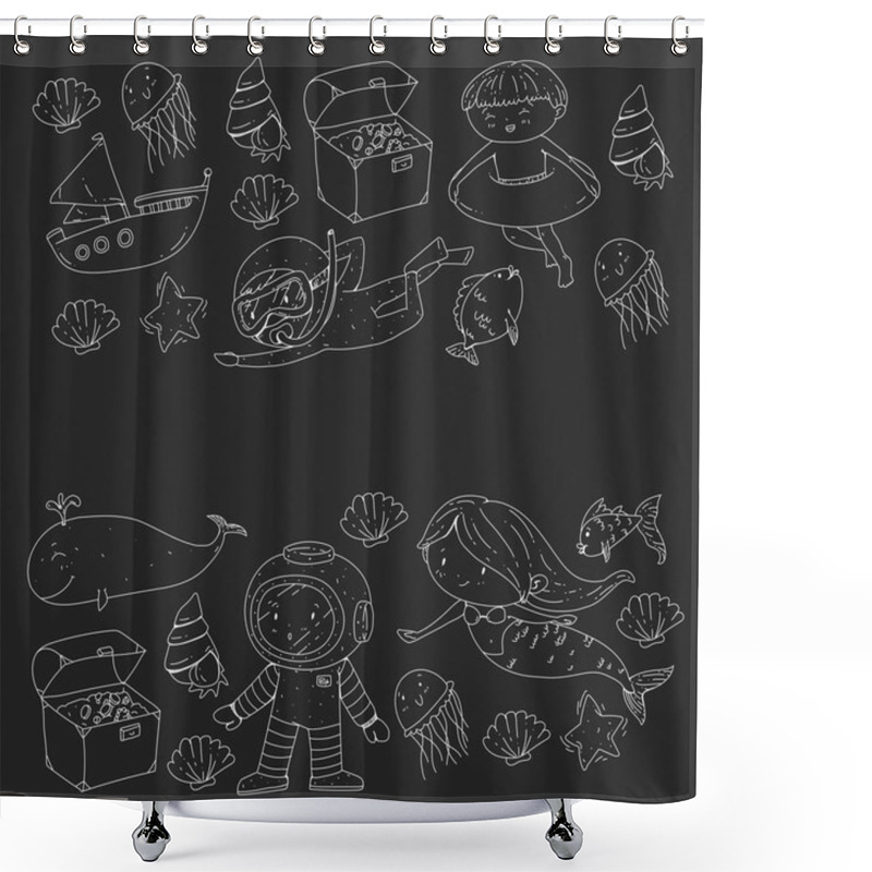 Personality  Sea And Ocean Adventure Kindergarten, Preschool, School Children. Kids Aquapark. Underwater. Mermaid, Octopus, Fishes, Whale, Shells, Jelly Fish. Lost Treasures. Scuba. Pirate Ship. Diving, Snorkeling Shower Curtains