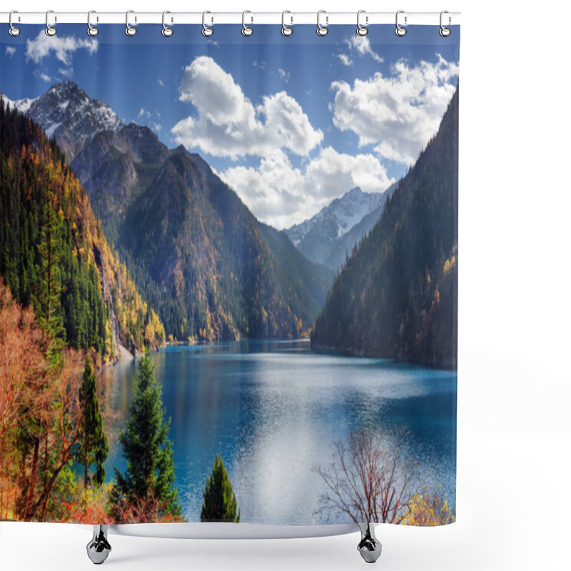 Personality  Amazing View Of The Long Lake Among Snow-capped Mountains Shower Curtains