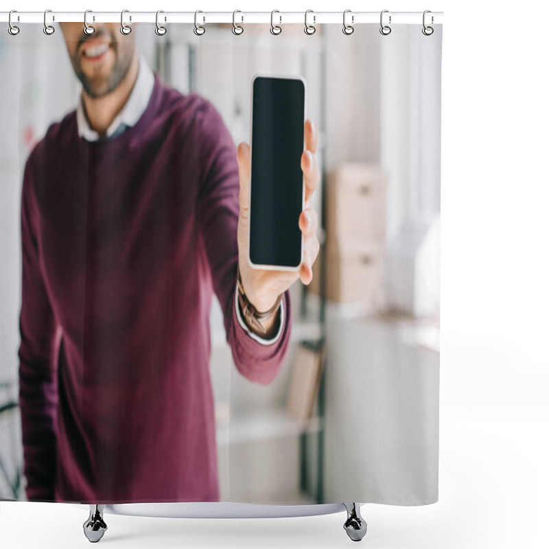 Personality  Cropped Image Of Smiling Designer In Burgundy Sweater Showing Smartphone With Blank Screen In Office Shower Curtains