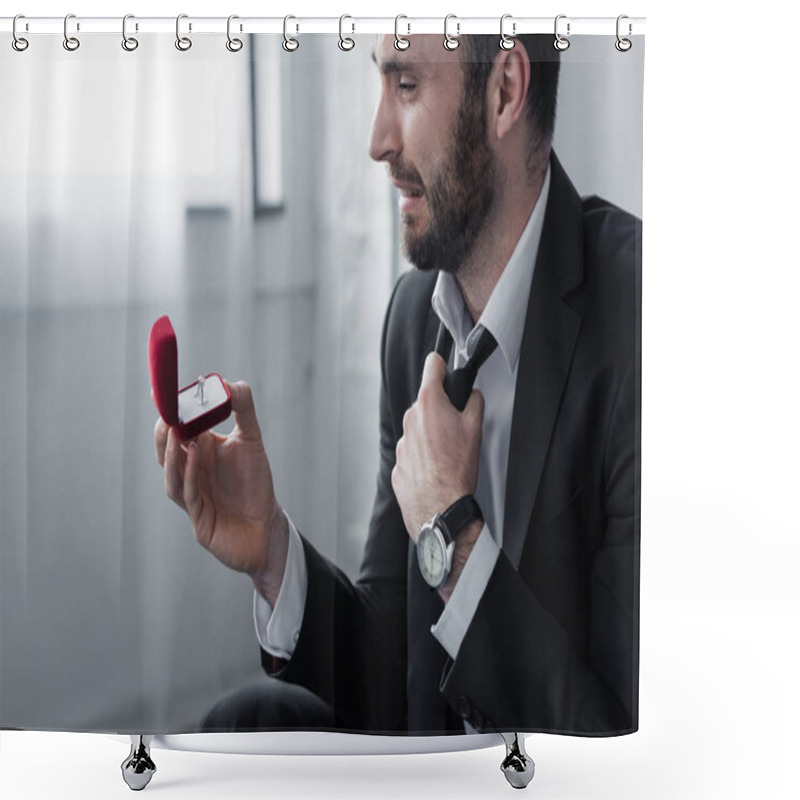 Personality  Depressed Bearded Man Crying While Looking At Gift Box With Ring  Shower Curtains