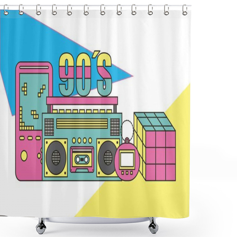 Personality  Tape Recorder Cube Rubik Video Game Tamagotchi 90s Devices And Toys Retro Shower Curtains