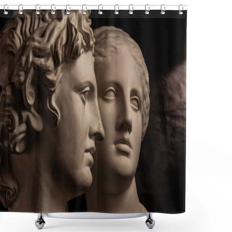 Personality  Group Gypsum Busts Of Ancient Statues Human Heads For Artists On A Dark Background. Plaster Sculptures Of Antique People Faces. Renaissance Epoch Style. Academic Subject. Blank For Creativity. Shower Curtains