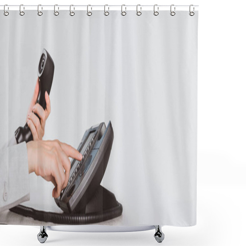 Personality  Business And Communications. Using Voip Phone In The Office, Close Up Of Hand With Receiver. Conference Call, Contact Us Or Hotline. IP Telephony, Telemarketing. Help Desk Or Call Centre. Copy Space Shower Curtains