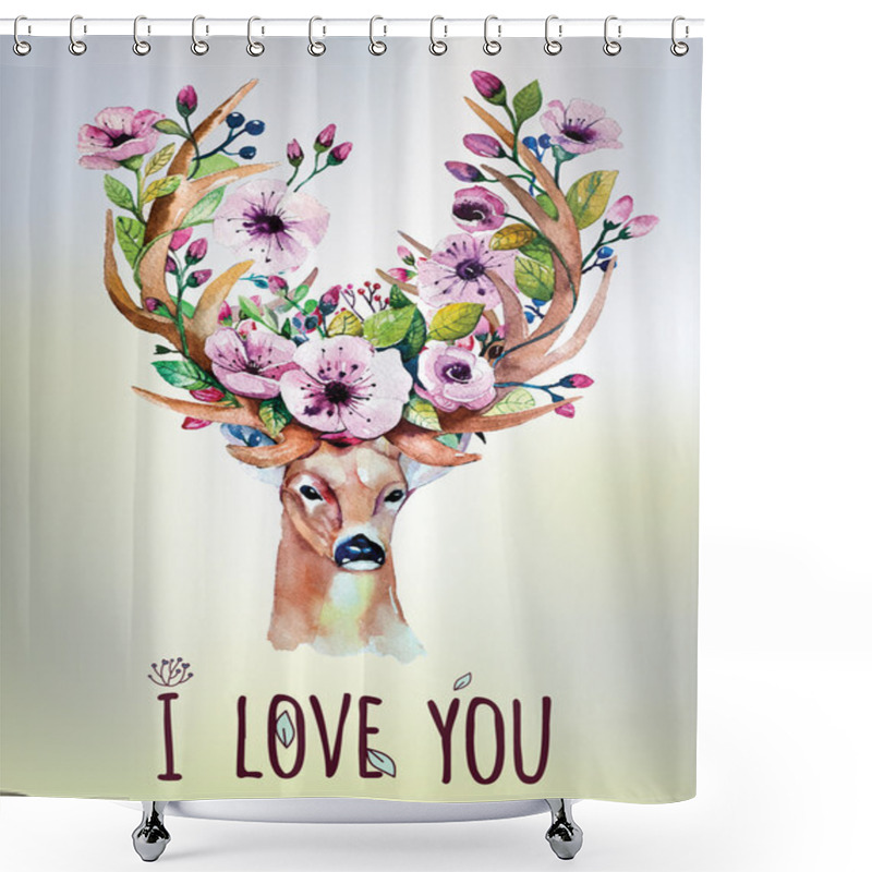 Personality  Card With Deer And Flowers Shower Curtains