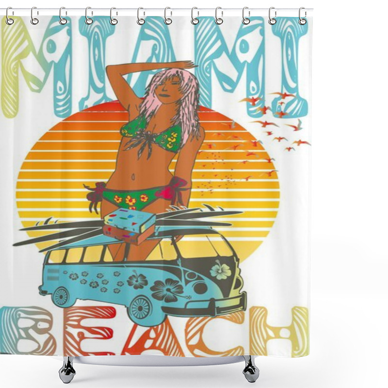 Personality  Palm Beach Surfer Girls Vector Art Shower Curtains