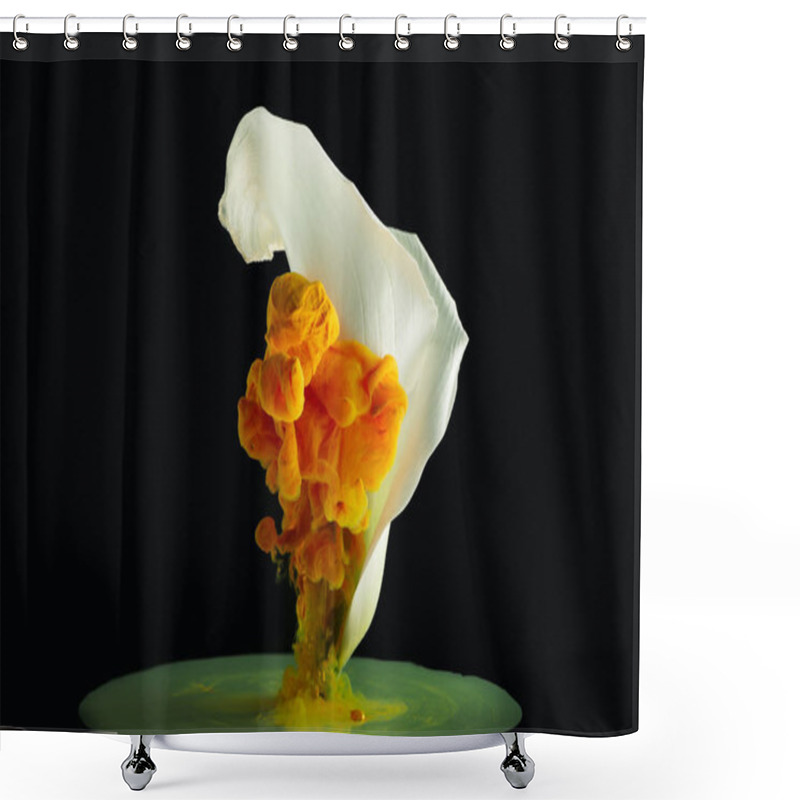 Personality  Close-up View Of Beautiful White Calla Lily Flower And Orange Ink On Black Shower Curtains