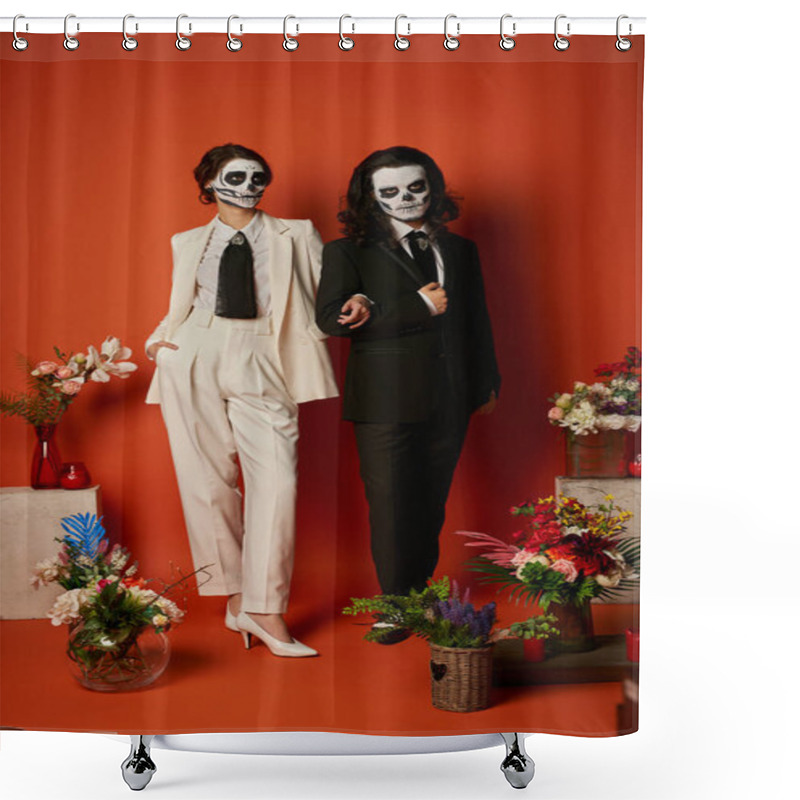 Personality  Couple In Catrina Makeup And Suits Posing Near Dia De Los Muertos Ofrenda With Flowers On Red Shower Curtains