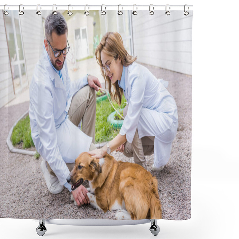 Personality  Two Veterinarians Palming Dog On Yard At Veterinary Clinic Shower Curtains