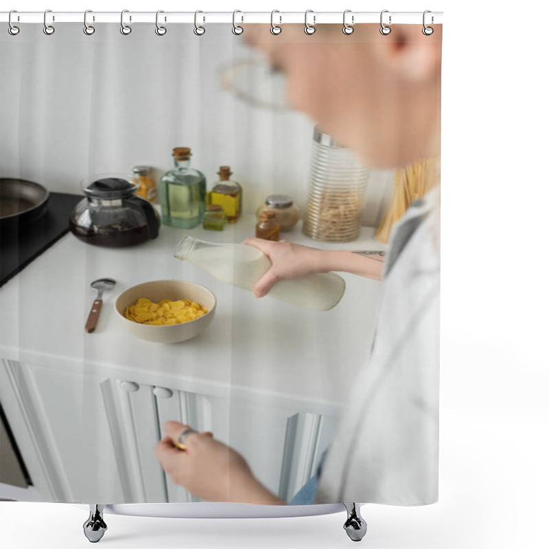 Personality  Blurred And Tattooed Young Woman In Eyeglasses Holding Bottle While Pouring Fresh Milk Into Bowl With Cornflakes On Kitchen Worktop While Making Breakfast And Standing In Modern Kitchen  Shower Curtains