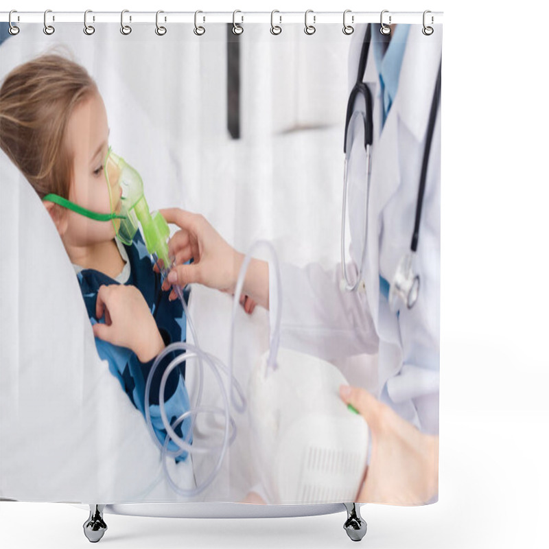 Personality  Doctor Touching Respiratory Mask On Asthmatic Kid Using Compressor Inhaler  Shower Curtains