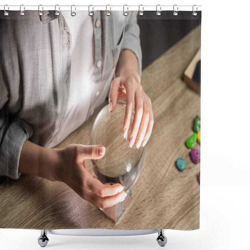 Personality  Cropped View Of Astrologer Using Crystal Ball On Wooden Table Shower Curtains