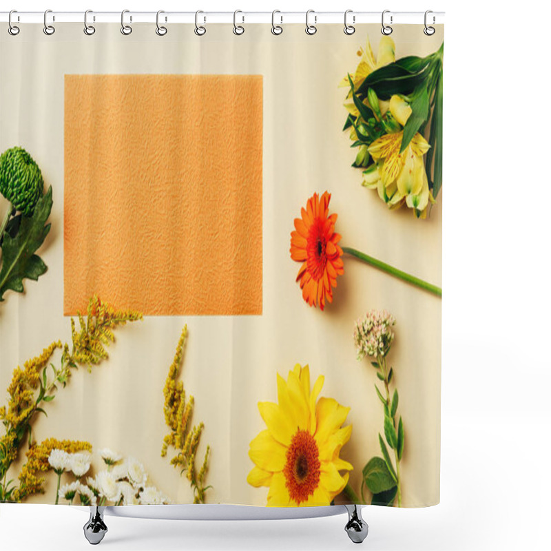 Personality  Flat Lay With Various Wildflowers Around Blank Orange Card On Beige Background Shower Curtains