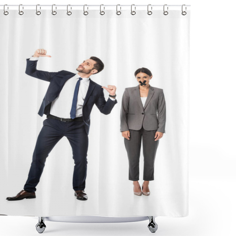 Personality  Handsome Businessman In Formal Wear Pointing With Thumbs At Himself Near Woman With Scotch Tape On Mouth On White Shower Curtains