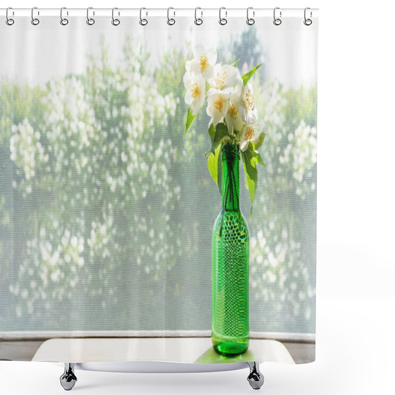 Personality  Bouquet Of Jasmine Is On The Table By The Window In A Green Bottle On The Background Of Jasmine Bushes. Shower Curtains