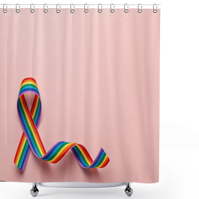 Personality  LGBT Rainbow Ribbon Pride Tape Symbol. Stop Homophobia. Pink Background. Copy Space For Text. Shower Curtains