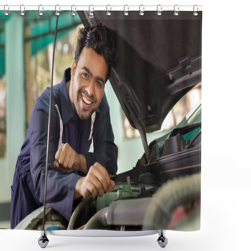 Personality  A Male Mechanic Is Working Under A Bonnet Of A Car In A Garage Repair Shop Shower Curtains