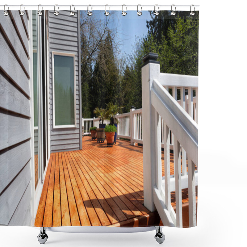 Personality  Freshly Stained Walk Out Home Outdoor Cedar Wood Deck With Potted Plants In Bloom  Shower Curtains