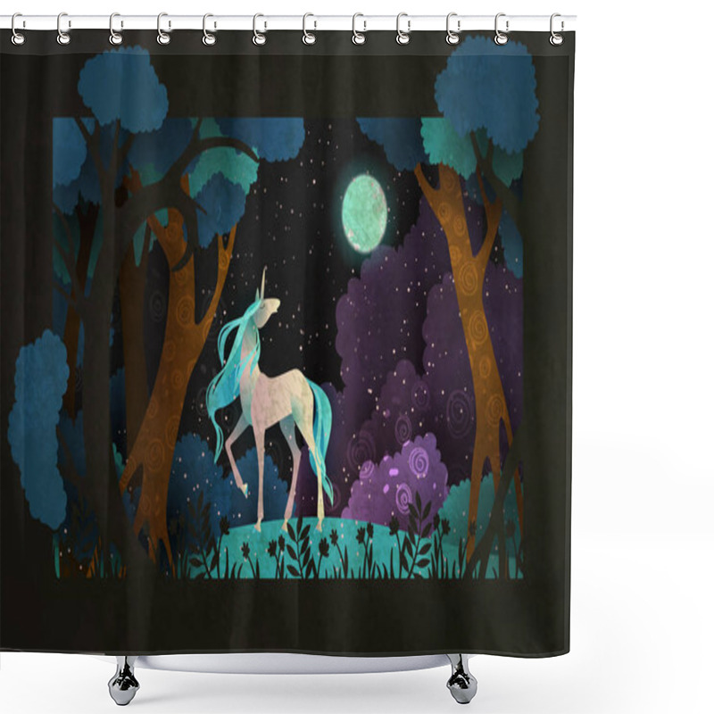 Personality  Unicorn In Front Of Magic Forest, Night Sky Clouds And Moon. Fairy Tale Illustration Shower Curtains