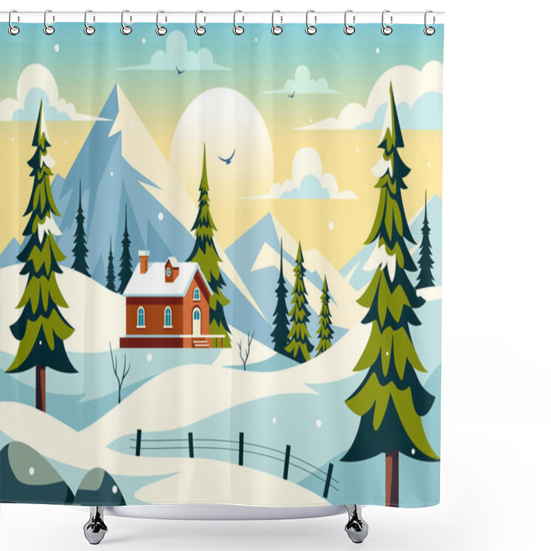 Personality  Charming Winter Village Vector Illustration Featuring Cozy Houses In A Scenic Snowy Mountain Landscape, With A Serene Nature Setting In A Background Shower Curtains