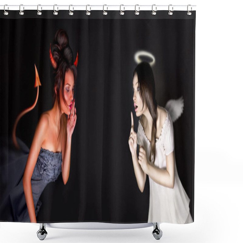 Personality  Portrait Of Angel And Devil Girls And Copyspace Between Them. Shower Curtains