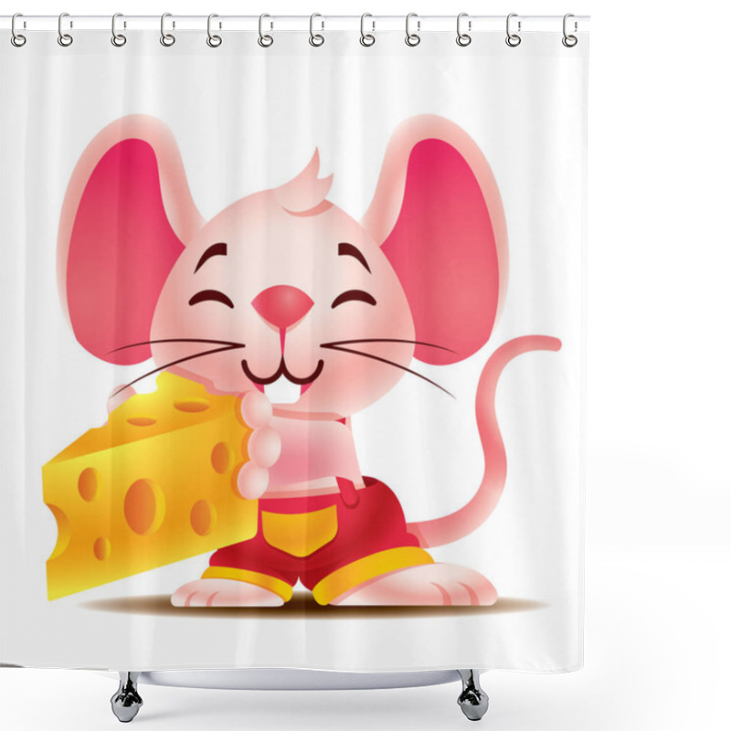 Personality  Cartoon Happy Pinky Rat With Big Ears Holdings Large Cheese Cake With Two Hands - Vector Mascot Character Shower Curtains