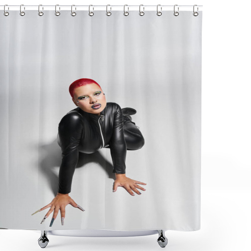 Personality  The Young Woman With Pink Hair And Edgy Makeup Showcases Her Unique Fashion Sense Against A Clean Backdrop. Shower Curtains