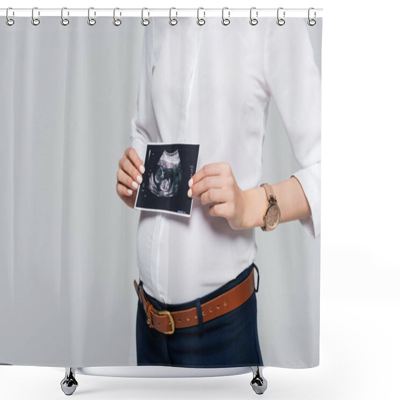 Personality  Cropped View Of Young Pregnant Businesswoman Holding Ultrasound Scan Isolated On Grey Shower Curtains