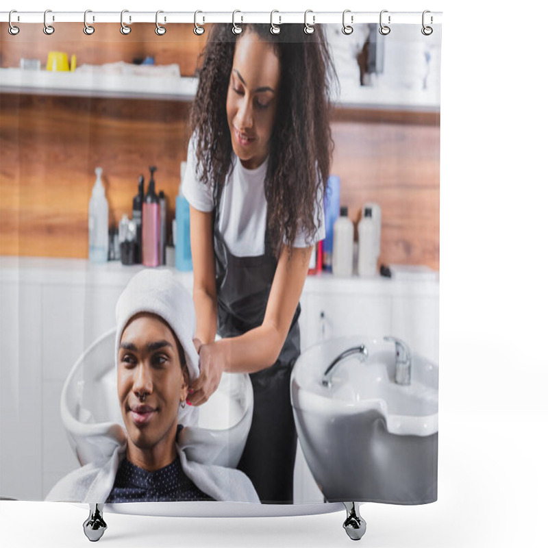 Personality  African American Hairstylist Drying Hair Of Smiling Man With Towel  Shower Curtains