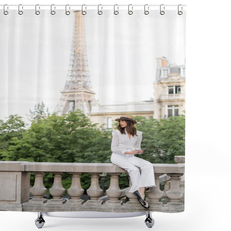 Personality  Trendy Traveler Holding Smartphone On Street With Eiffel Tower At Background In Paris  Shower Curtains