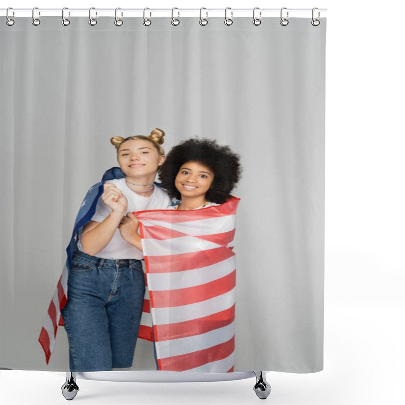 Personality  Smiling Blonde And African American Teen Girlfriends Covering With American Flag And Looking At Camera While Standing Isolated On Grey, Energetic Teenage Friends Spending Time, Friendship Shower Curtains