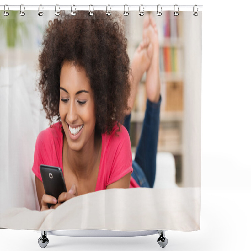 Personality  Beautiful Woman Texting On Her Mobile Shower Curtains