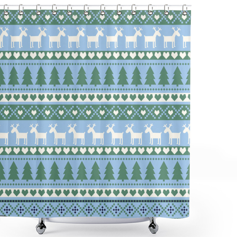 Personality  Seamless Christmas Pattern, Card - Scandinavian Sweater Style. Cute Christmas Background - Xmas Trees, Deers, Hearts And Snowflakes. Shower Curtains