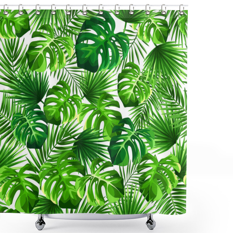 Personality  Vector Tropical Seamless Pattern With Green Monstera And Palm Leaves On A White Background. Shower Curtains