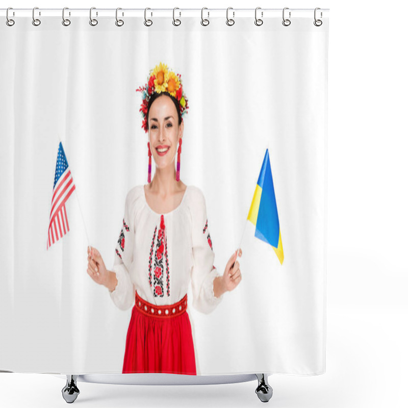 Personality  Smiling Brunette Young Woman In National Ukrainian Costume Holding American And Ukrainian Flags Isolated On White Shower Curtains