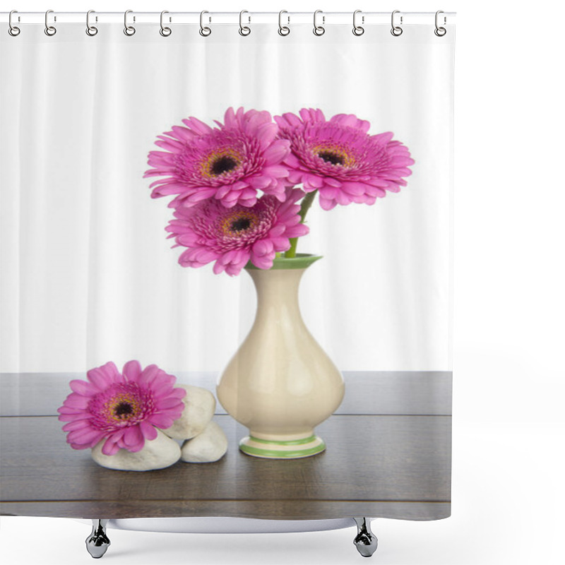 Personality  Pink Gerbera In Vase And White Rocks Shower Curtains