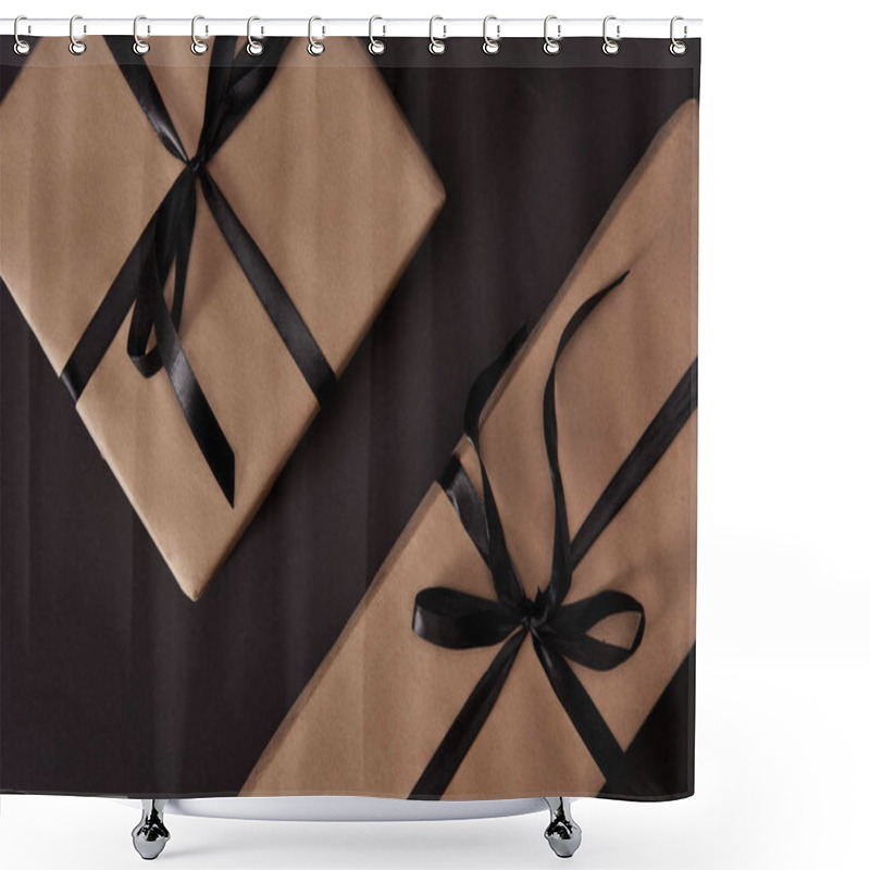 Personality  Top View Of Craft Wrapped Gift Boxes On Black Surface, Black Friday Concept Shower Curtains