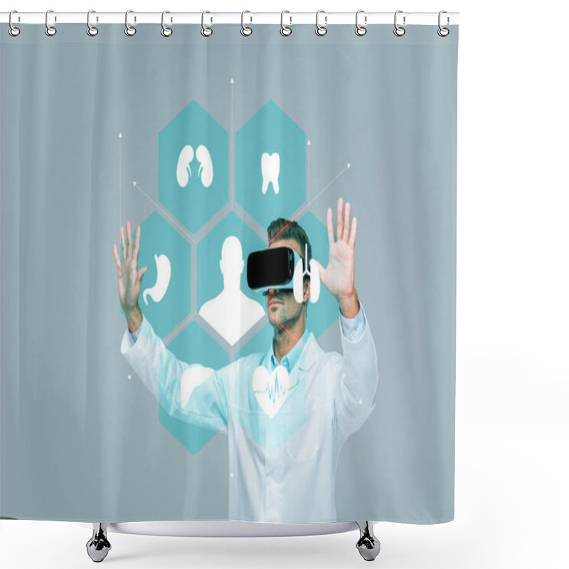 Personality  Scientist In Virtual Reality Headset Touching Medical Interface In Air Isolated On Grey, Artificial Intelligence Concept Shower Curtains