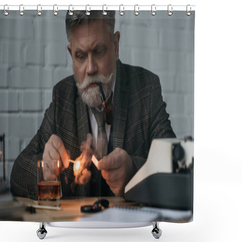 Personality  Bearded Senior Writer With Burning Match Smoking Pipe At Workplace Shower Curtains