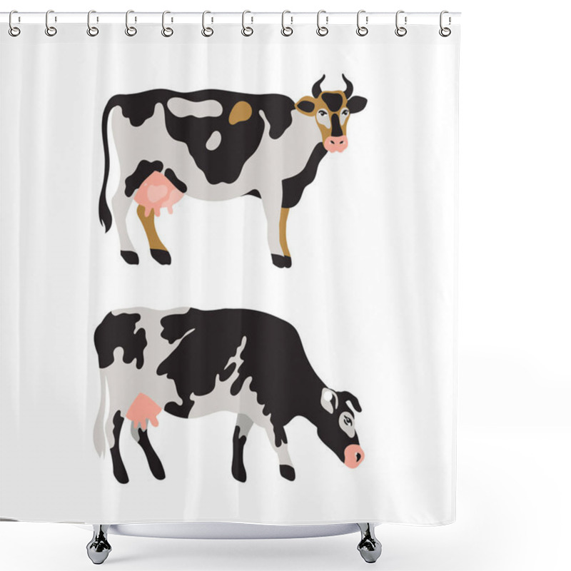 Personality  Set Of Dairy Cows Spotted In Black, White, Gray, Gold And Pink. Agriculture, Farming, Village Life. Pet. Vector Illustration. Shower Curtains