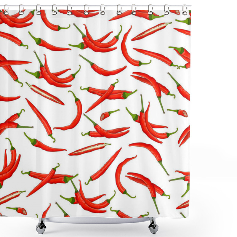 Personality  Seamless Pattern With Whole, Half, Wedges, And Slices Of Cayenne Peppers. Ginnie Peppers. Chili Peppers. Vegetables. Vector Illustration Isolated On White Background. Cartoon Style. Shower Curtains