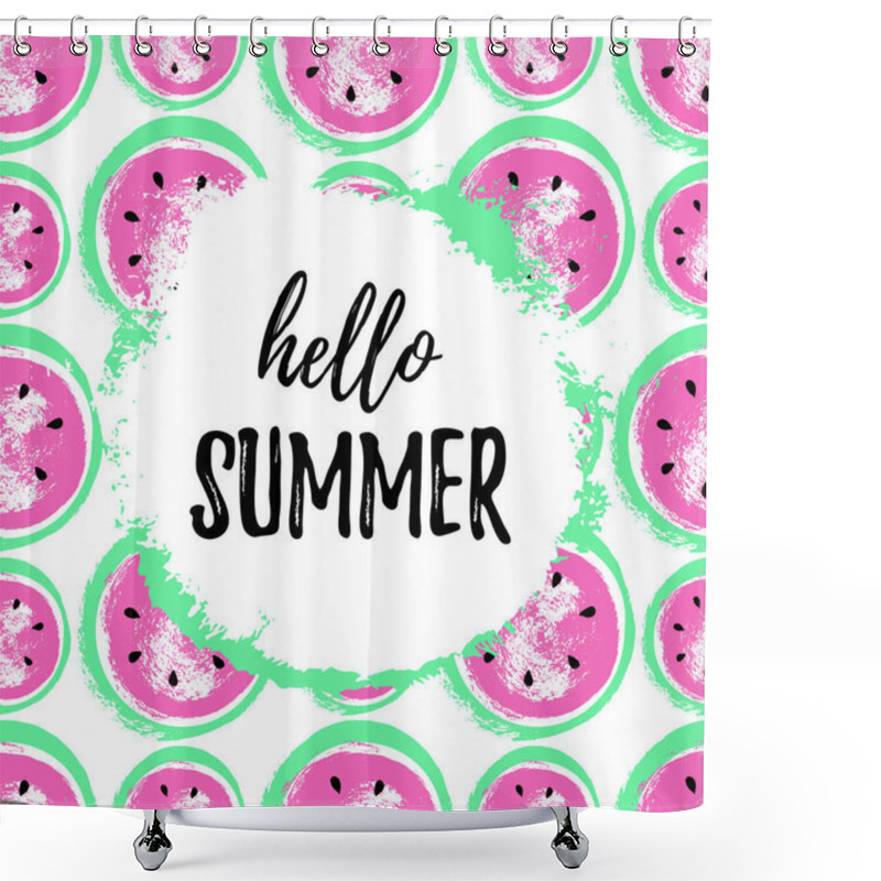 Personality  HELLO SUMMER Greeting Banner. Hand Drawn Seamless Watermelon Pattern Isolated On White Backdrop Shower Curtains