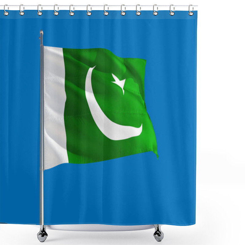 Personality  Pakistan National Flag Waving In The Wind On A Deep Blue Sky. High Quality Fabric. International Relations Concept. Shower Curtains