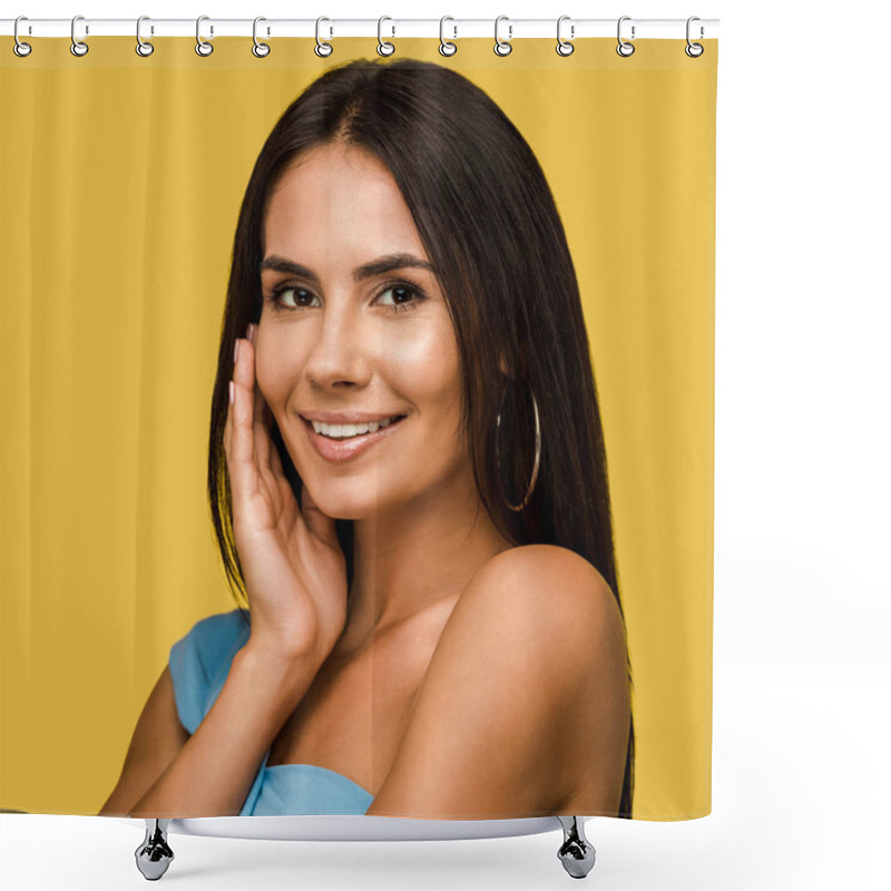 Personality  Beautiful Woman Looking At Camera Isolated On Orange  Shower Curtains