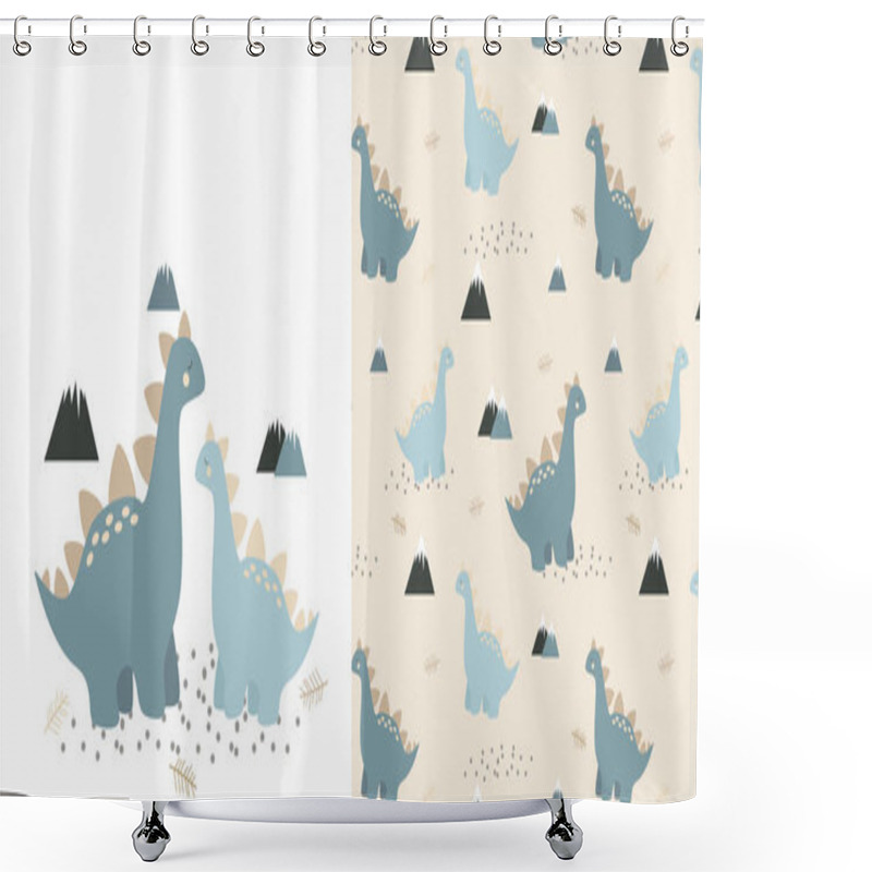 Personality  A Set Of Pattern And Postcard. Postcard With Dinosaurs. Mother And Baby Dinosaur. Cute Dinosaurs Shower Curtains