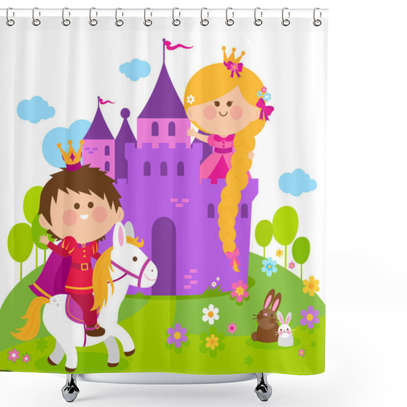 Personality  Rapunzel Fairy Tale Princess At The Castle And Prince Riding A Horse.  Shower Curtains