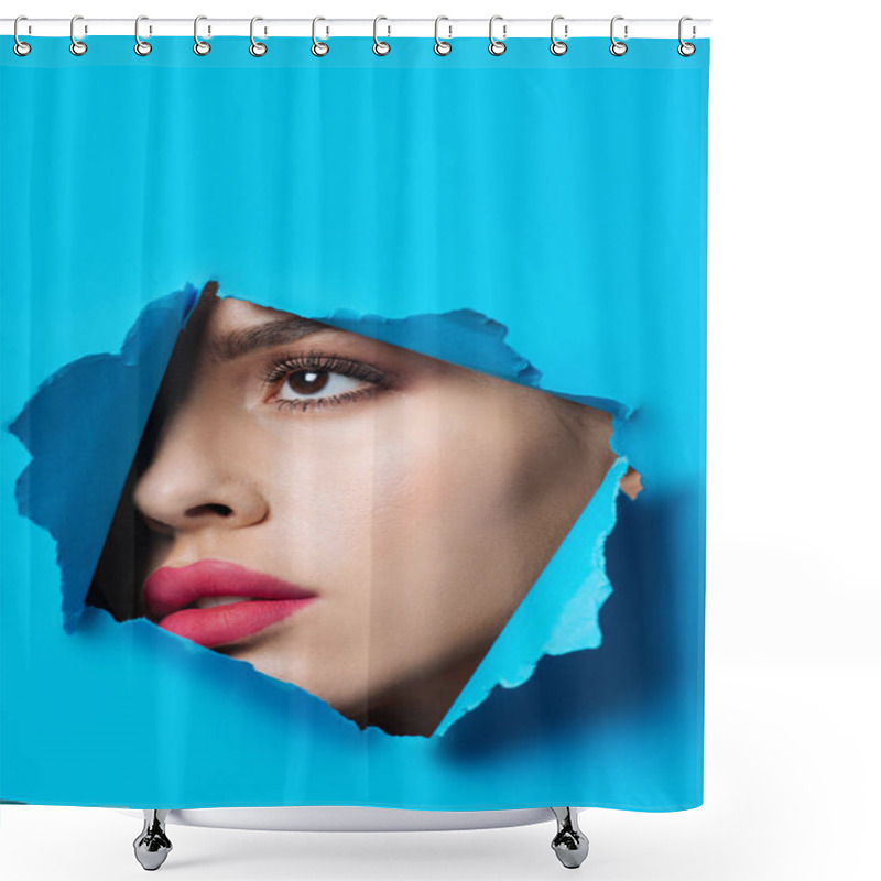 Personality  Beautiful Woman With Pink Lips Looking Across Ripped Blue Paper Shower Curtains