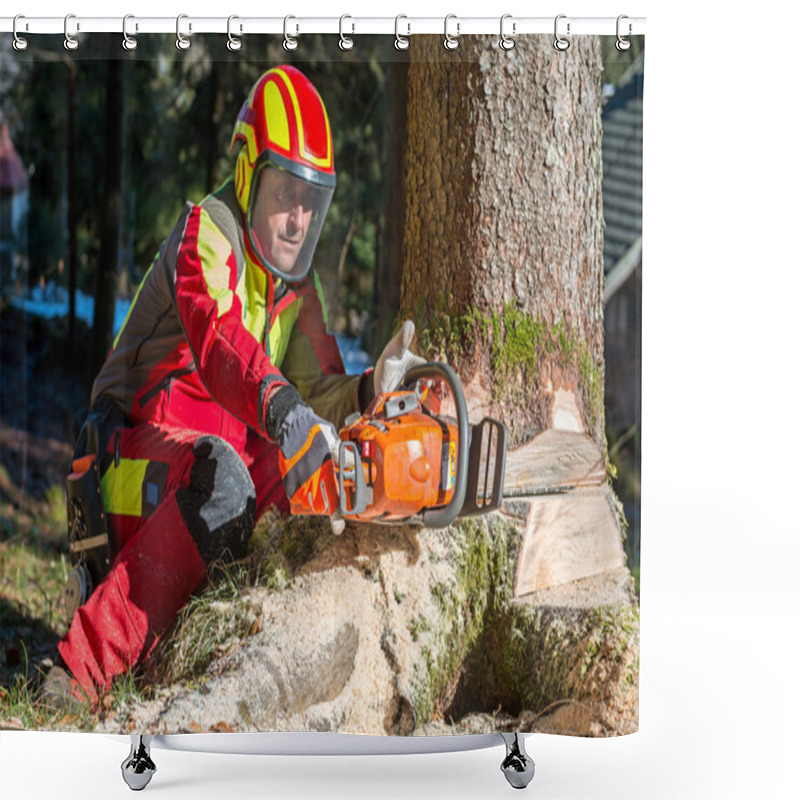 Personality  Lumberjack Cutting Tree In Forest Shower Curtains