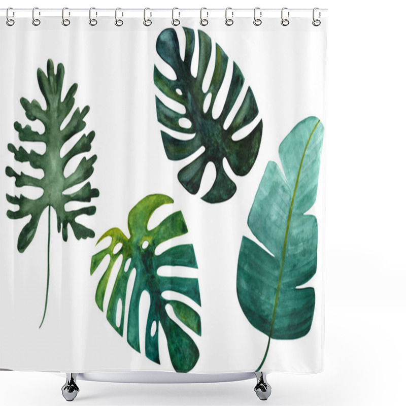 Personality  Isolated Tropical Green Monstera, Banana And Split Leaves On White Background. Set Of Hand Drawn Watercolor Illustration. Exotic Plants Shower Curtains