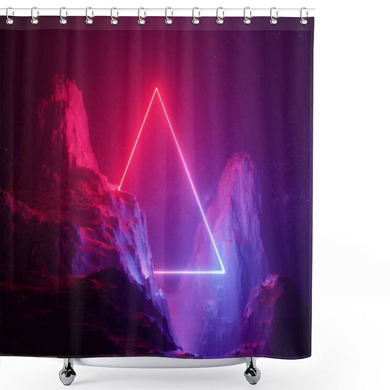 Personality  3d Render, Abstract Background, Cosmic Landscape, Triangular Portal, Pink Blue Neon Light, Virtual Reality, Energy Source, Glowing Quad, Dark Space, Ultraviolet Spectrum, Laser Triangle, Rocks, Ground Shower Curtains