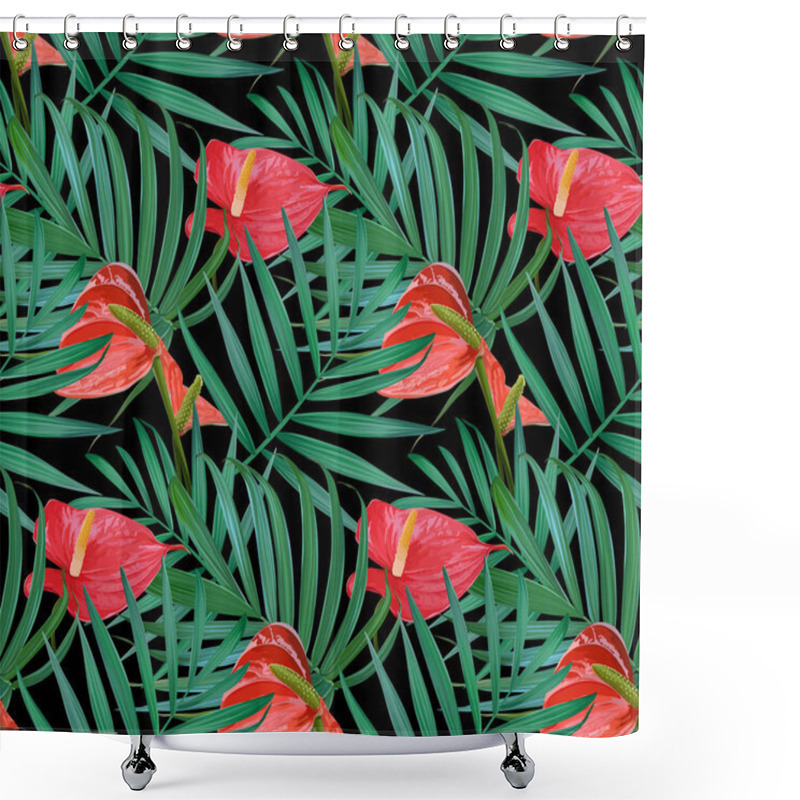 Personality  Vector Tropical Flowers And Palm Leaves Seamless Pattern. Shower Curtains